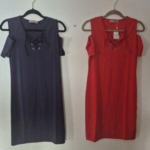 Stylish Red and Blue Cold Shoulder Dresses Size Small